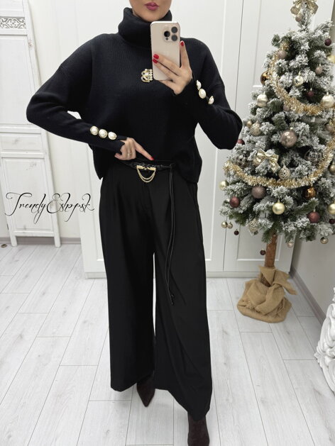 Široké nohavice s kombinovaným opaskom - čierne B2368