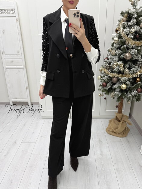 Sako s flitrovanými rukávmi Jersie - čierne A3034