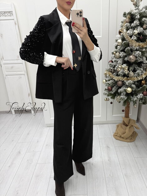 Sako s flitrovanými rukávmi Jersie - čierne A3034