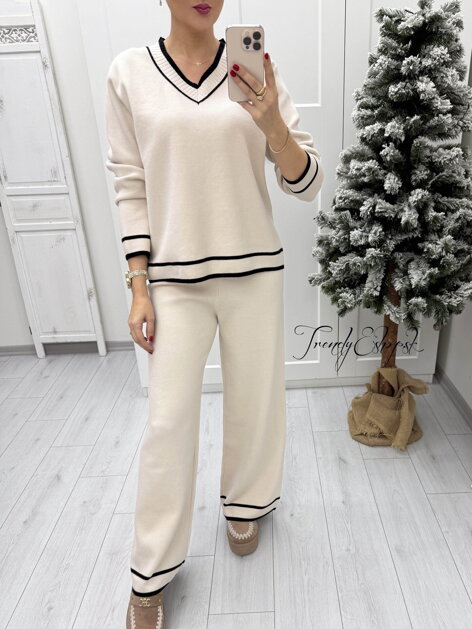 Úpletový komplet s ČIERNYM olemovaním - svetlobéžový B2331