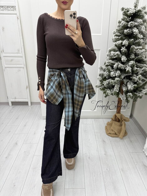 Zvonové rifle s károvanou šatkou - tmavomodré B2339