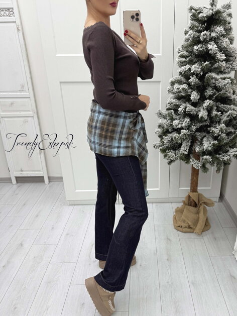 Zvonové rifle s károvanou šatkou - tmavomodré B2339