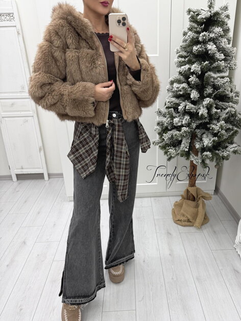 Kožušinová bunda s kapucňou - hnedá B2298