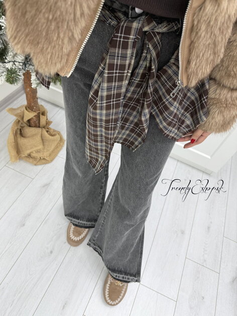 Široké rifle s károvanou šatkou - sivé B2341