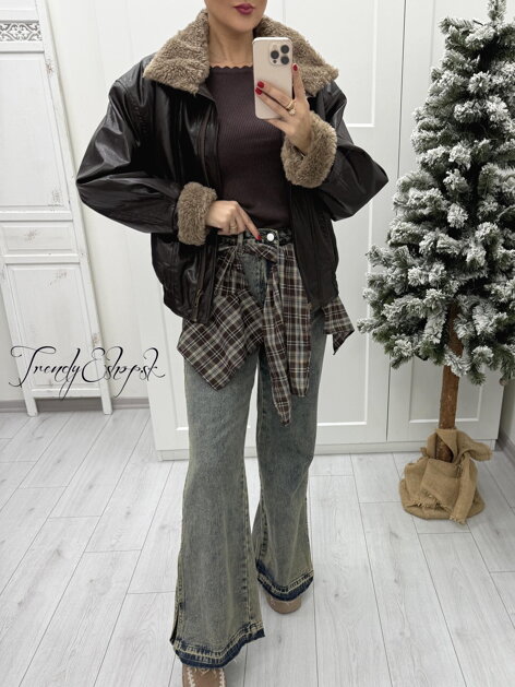 Široké rifle s károvanou šatkou - modro-béžové B2340