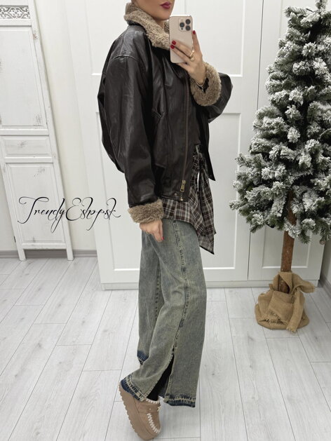 Široké rifle s károvanou šatkou - modro-béžové B2340