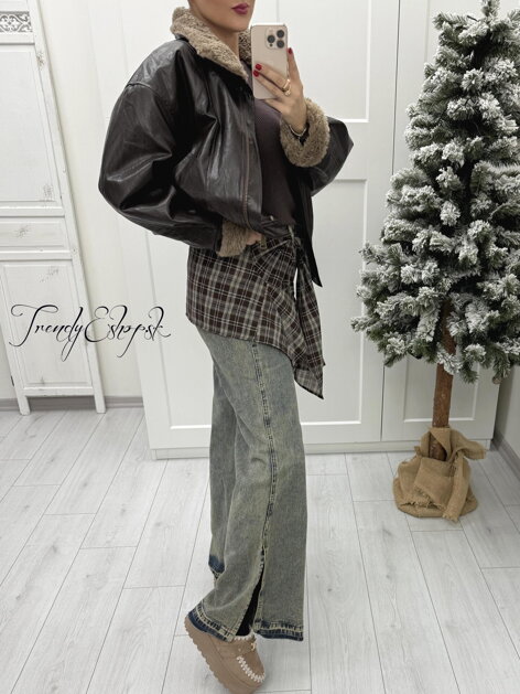 Široké rifle s károvanou šatkou - modro-béžové B2340