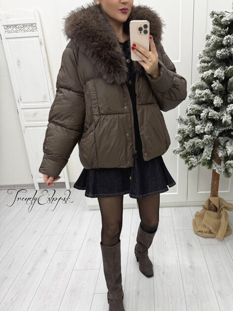 Prešívaná bunda s mohutnou kožušinou ARIA - tmavohnedá B2244