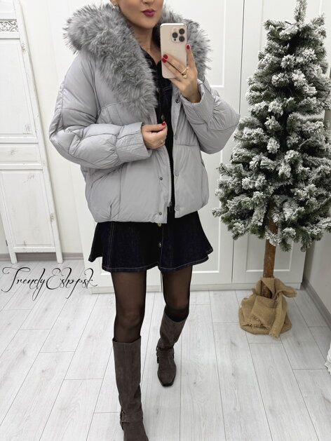 Prešívaná bunda s mohutnou kožušinou ARIA - sivá B2296