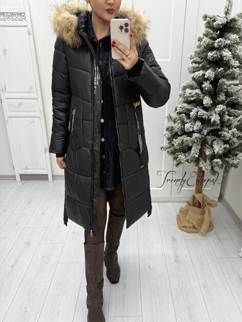 Dlhá bunda s pravou kožušinou TESSA - čierna B2243