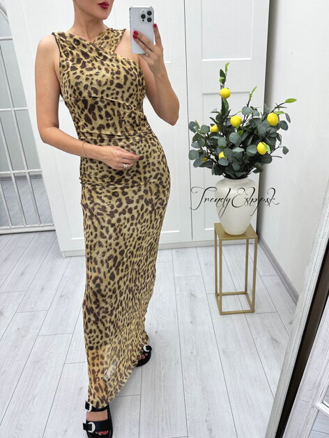 Šifónové leopardie šaty na rameno - žlto-čokoládové A1994