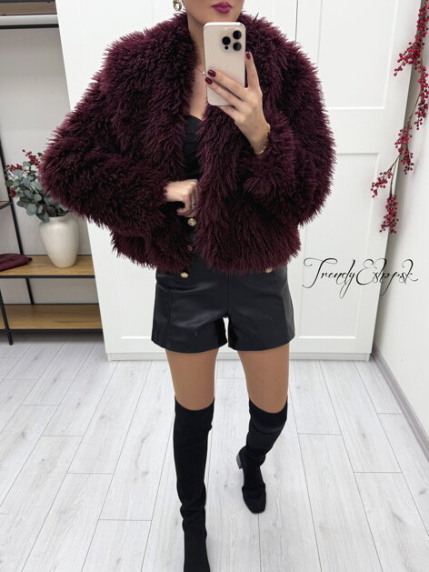 Huňatý kožuštek s veľkým golierom - tmavobordový A2877