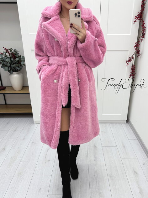 Dlhší Teddy kabát s opaskom Bella - ružový A2812