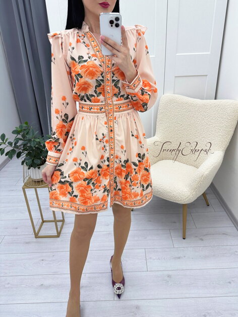Kvetinové šaty na gombíky Eleah - marhuľovo-oranžové N498