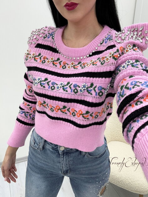 Kratší zdobený sveter s vypchávkami v ramenách - ružový N11
