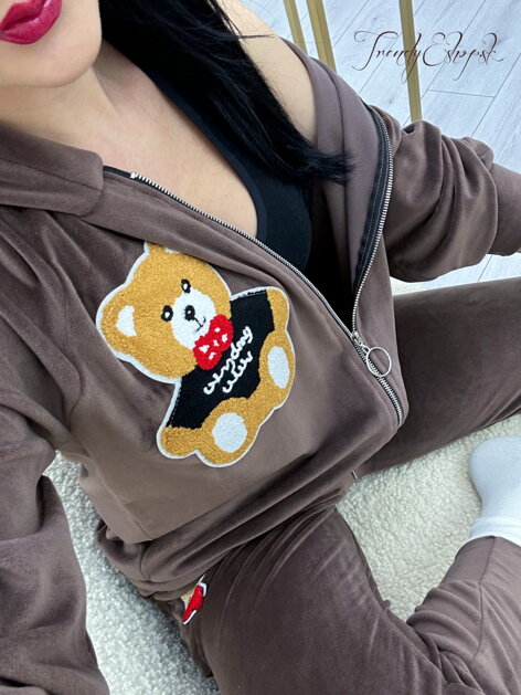 Zamatová tepláková súprava na zips Teddy Bear - tmavohnedá N119