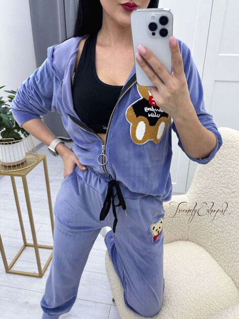 Zamatová tepláková súprava na zips Teddy Bear - fialovomodrá N123