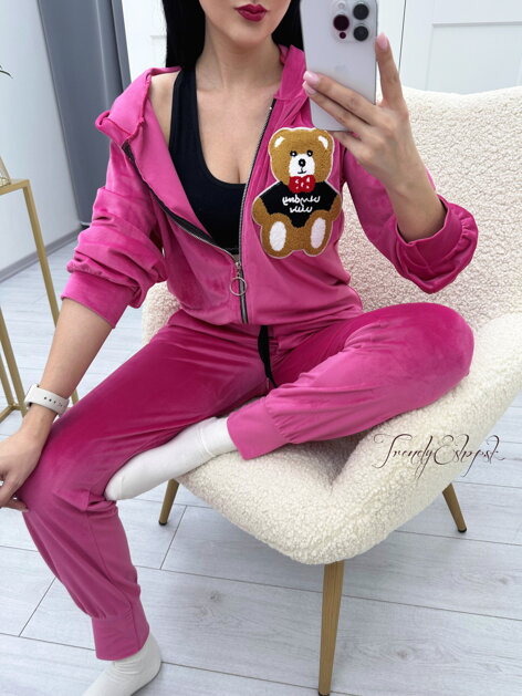 Zamatová tepláková súprava na zips Teddy Bear - fuksiová N121