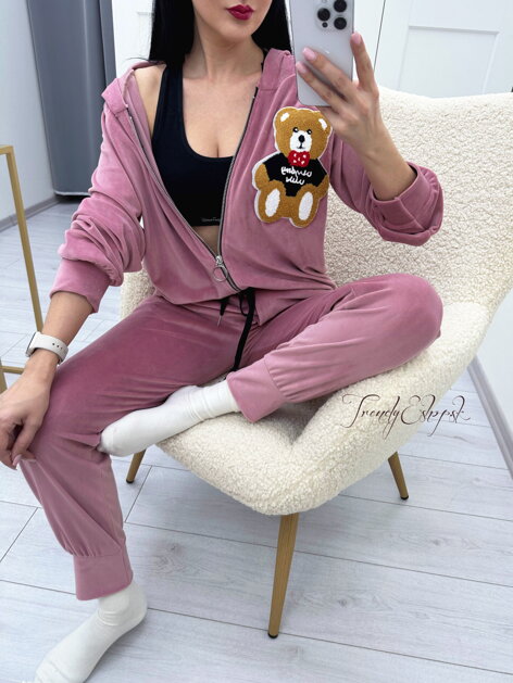 Zamatová tepláková súprava na zips Teddy Bear - ružová N124