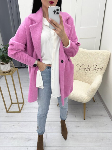 Príjemný kabát s golierom Alpaka Etanel - ružový N70