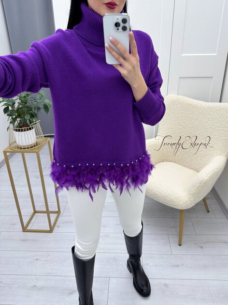 Rolákový sveter s pierkovým olemovaním - fialový N248