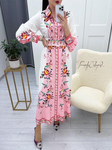 Dlhé kvetinové šaty na gombíky Linda - bielo-ružové N274