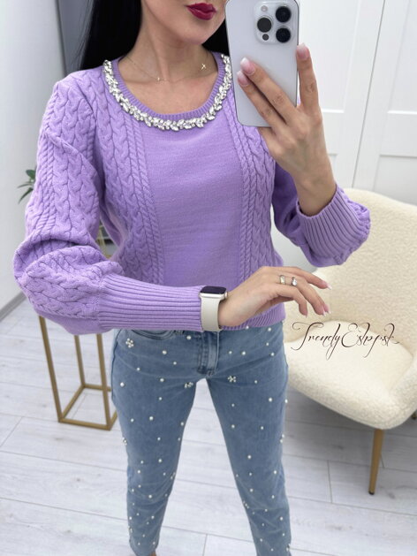 Pletený sveter so štrasovou aplikáciou Enriqo - fialový N235