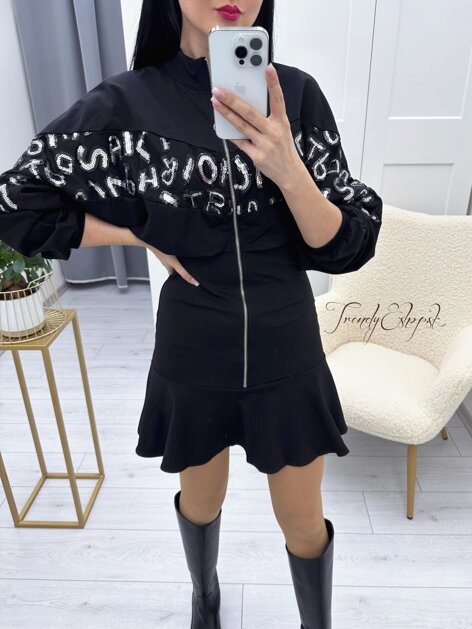 Mikinové šaty so zipsom Sequined Letters - čierne N344