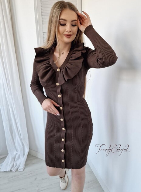 Rebrované šaty s volánovým výstrihom Giselle - tmavohnedé N341
