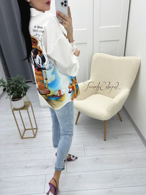 Jemná OVERSIZE košeľa Mickey & Donald - biela N389 