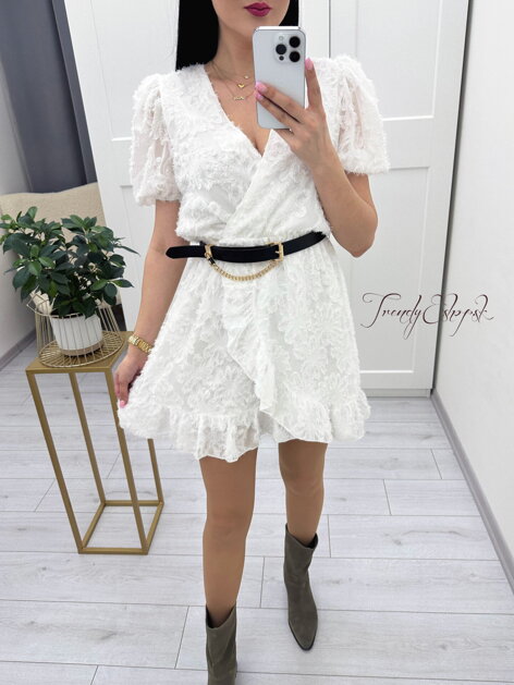 Strapcové šaty s prekladanou sukňou Marie - biele N558