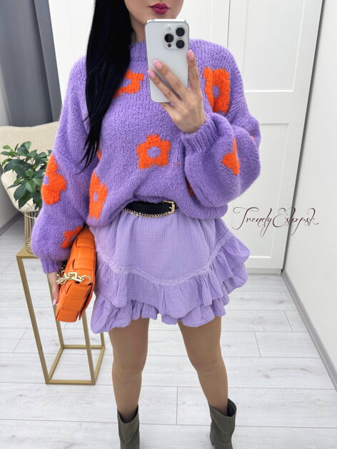 Pletený sveter s kvetinami Denzell - fialovo-oranžový N609