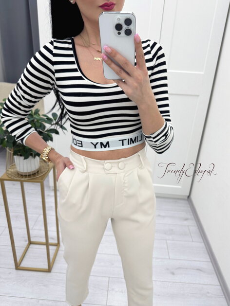 Pruhovaný crop top s gumičkou LIMIT - maslovo-čierny N600