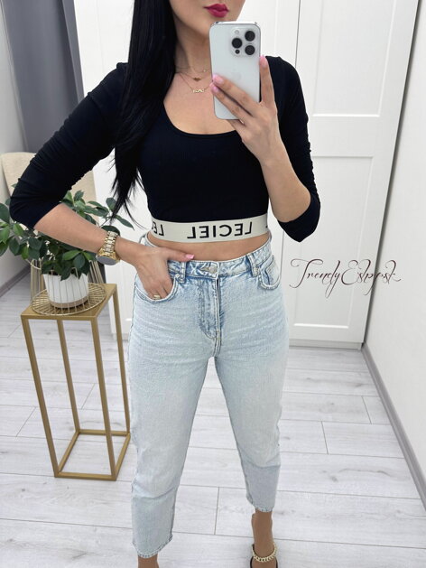 Rebrovaný crop top s gumičkou LECIEL - čierny N459 