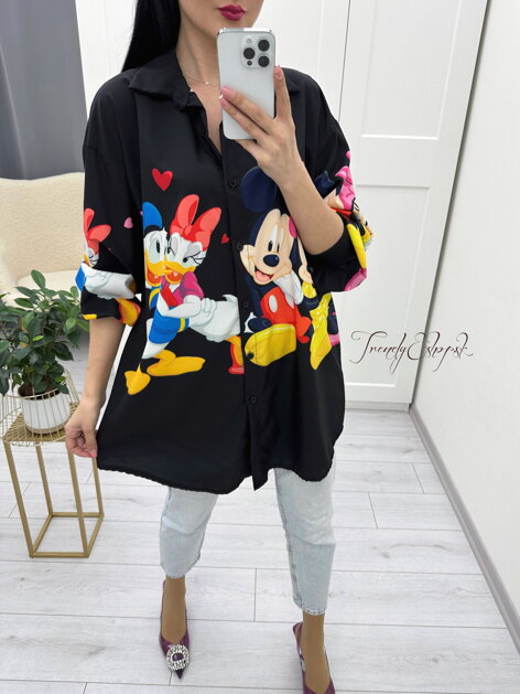 Jemná OVERSIZE košeľa Mickey Mouse - čierna N679