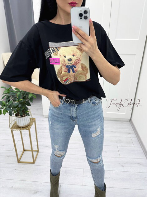 OVERSIZE tričko Strass Bear - čierne N552