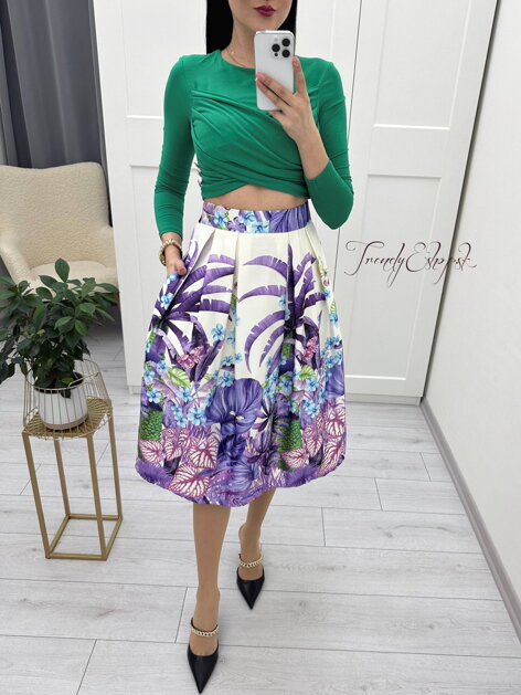 Kvetinová sukňa s vreckami Tropical - maslovo-fialová N719
