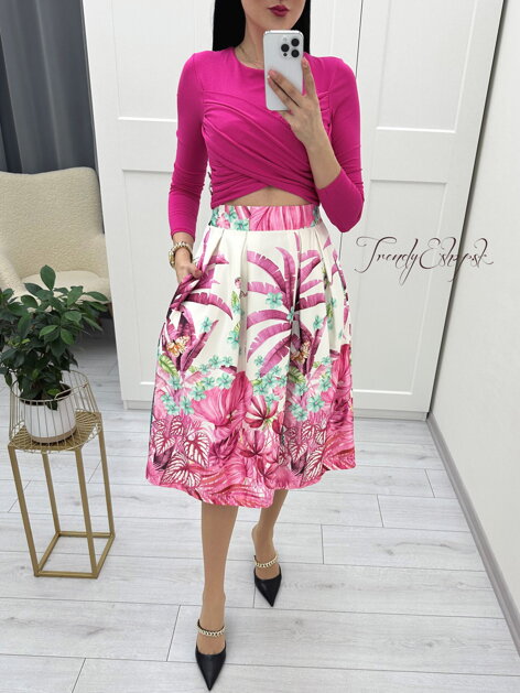 Kvetinová sukňa s vreckami Tropical - maslovo-ružová N720