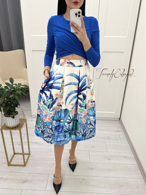 Kvetinová sukňa s vreckami Tropical - maslovo-modrá N717
