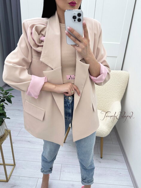 Elegantné OVERSIZE sako bez zapínania ROSE - béžovoružové N752