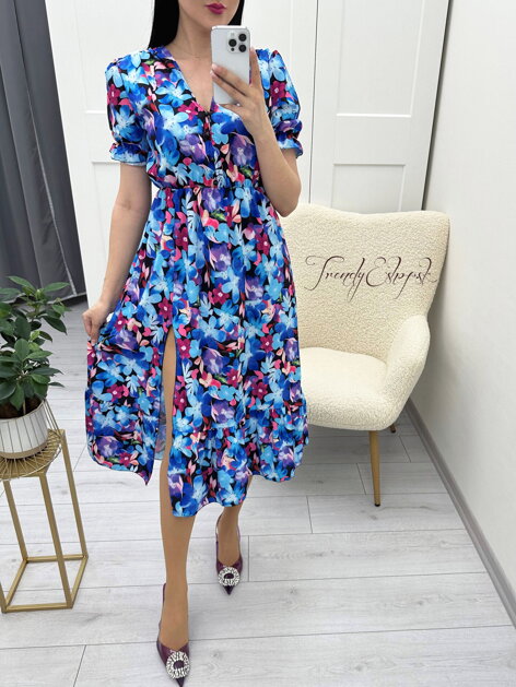Midi kvetinové šaty s krátkymi rukávmi Bella - tyrkysovo-fialové N766