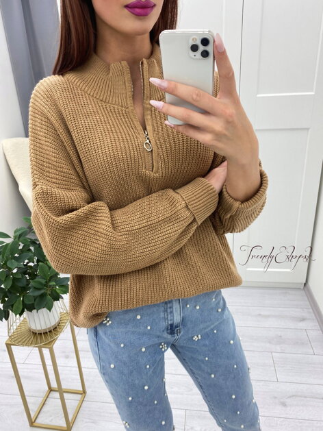 OVERSIZE sveter so zipsom Damiell - hnedý S3908