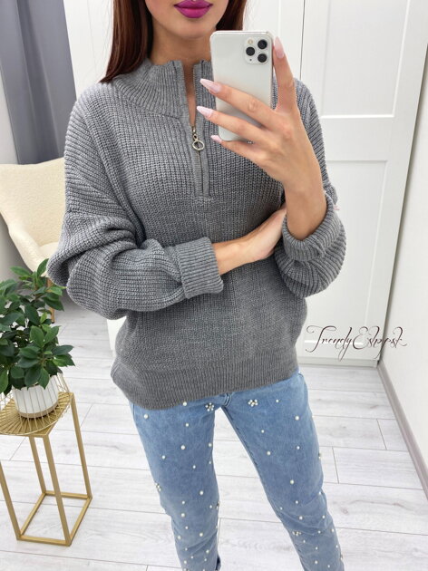 OVERSIZE sveter so zipsom Damiell - tmavosivý S3907