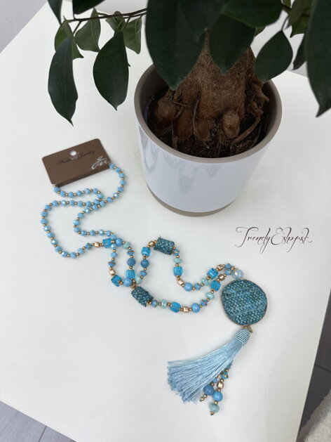 Dlhý korálkový náhrdelník Circle and Tassel - tyrkysovo-modrý N1067