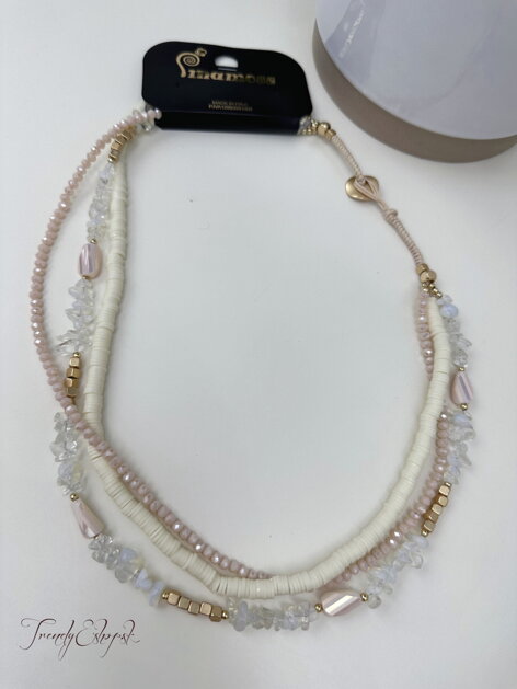 Trojitý korálkový náhrdelník - maslovo-ružový N1063