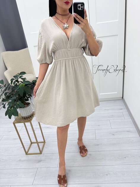 Mušelínové šaty s hlbokým výstrihom Rebeca - béžové N1399