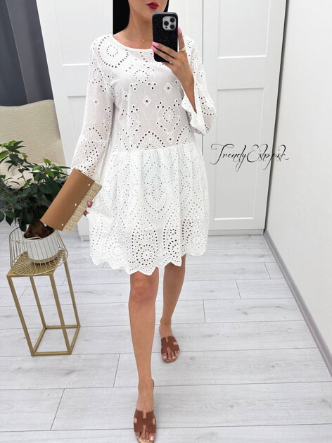 Madeirové šaty s dlhými rukávmi Felicity - biele N1537