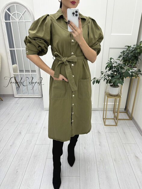 Midi denimové šaty so zapínaním na cvoky Fansy - khaki N2305