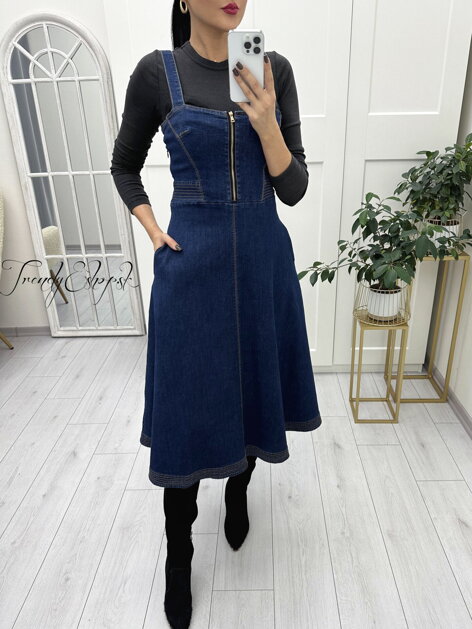 Midi denimové šaty s hrubšími ramienkami - tmavomodré N2304