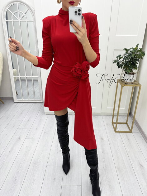 Asymetrické šaty so stojačikom a 3D kvetinami - červené N2366